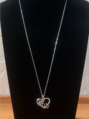 Silver Tone Heart Pendant Necklace – 18” + 2” Extender | Floral Crystal Detail